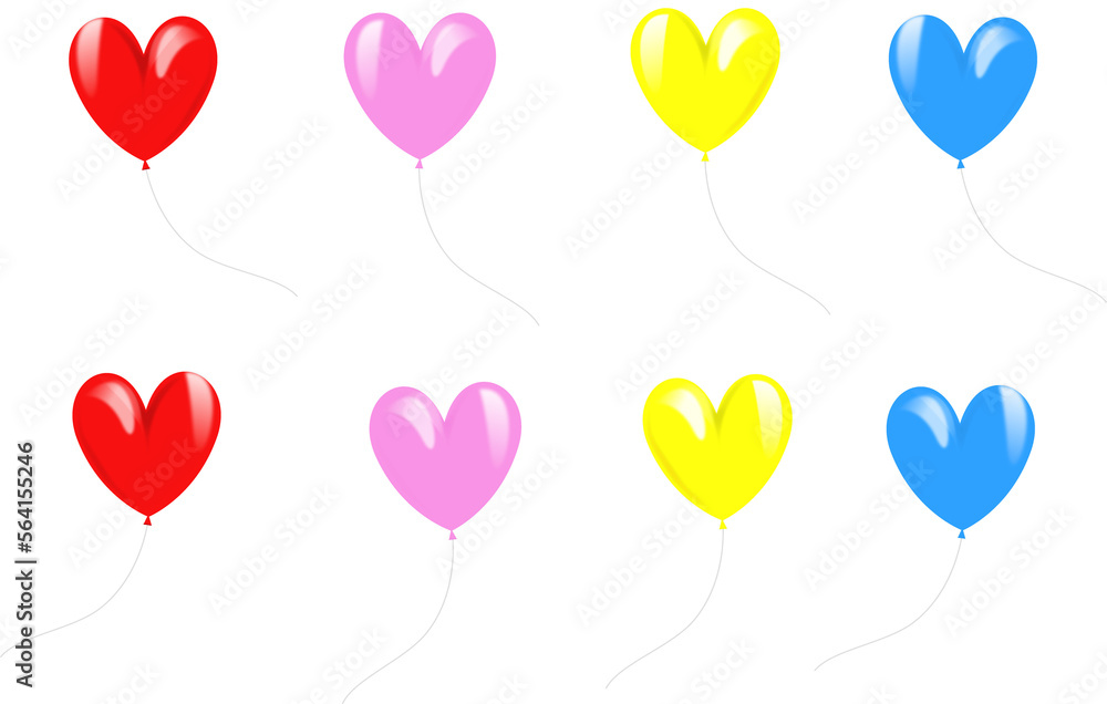  4色のハート型の風船の左右向き違いのイラスト素材セット（赤・ピンク・黄色・青色） (背景透過)アルファチャンネル付png