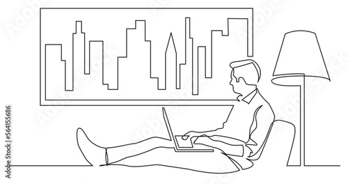 continuous line drawing vector illustration with FULLY EDITABLE STROKE of man lying on sofa with laptop looking at window working from home
