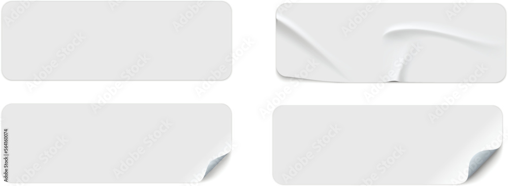 Blank adhesive stickers mock up with curved corner. Mockup empty rectangle sticky label.