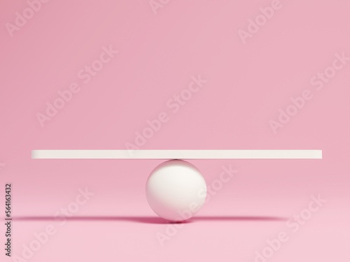 3D see saw balance isolated on pink background. The seesaw has a pivot point in the middle of the board. Business finance concept. Stability, equal, Scale, justice, compare, copy space, 3D Rendering.