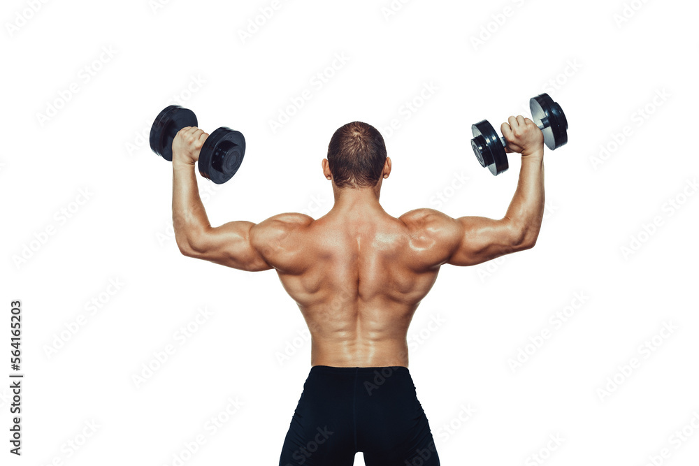 Strong bodybuilder doing exercises with dumbbells which showing his back on white background Strong bodybuilder doing exercises with dumbbells which showing his back on white background