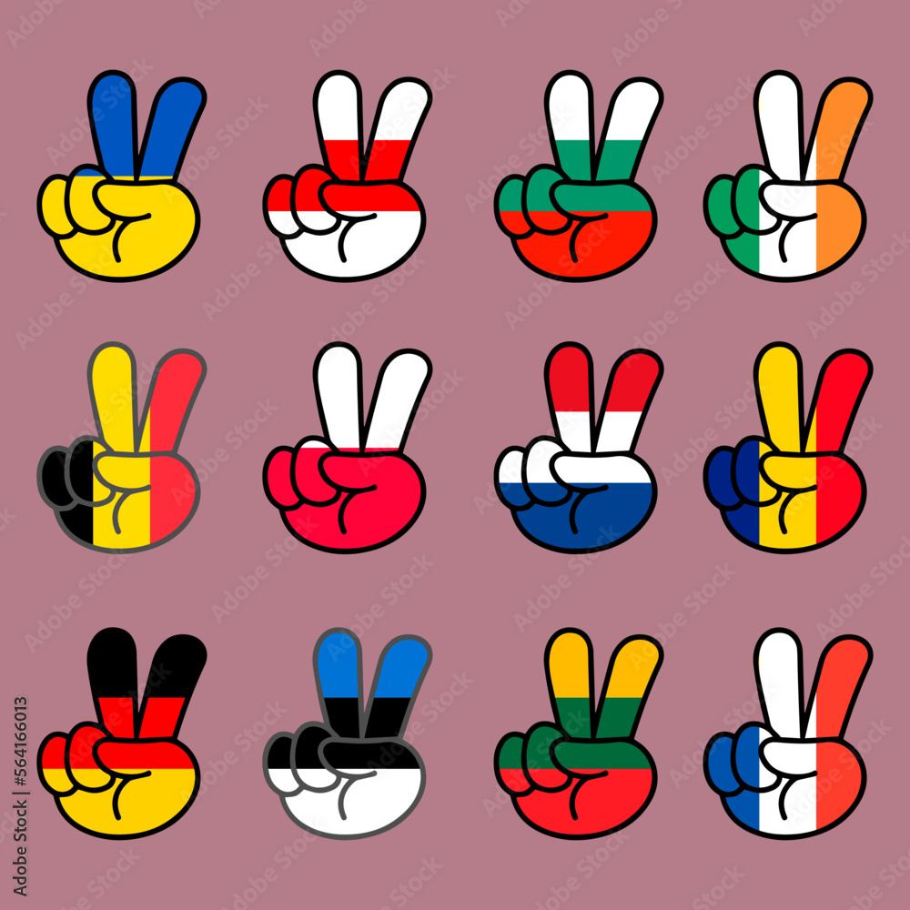 Fototapeta premium Set of V sign in colors of state flags (Germany, Ukraine, Poland, Lithuania, Latvia, and other)