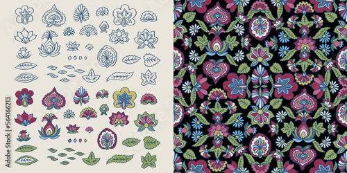 SET OF HAND DRAWN GEOMETRIC FOLK FLOWERS AND SEAMLESS PATTERN SWATCHES