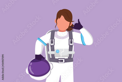 Character flat drawing active female astronaut holding helmet with call me gesture wearing spacesuit ready to explore outer space in search of mysteries of universe. Cartoon design vector illustration