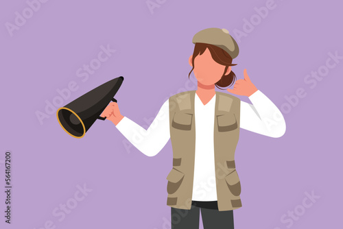 Cartoon flat style drawing female film director holding megaphone with call me gesture, wearing vest, cap while set film crew for shooting romance movie in studio. Graphic design vector illustration