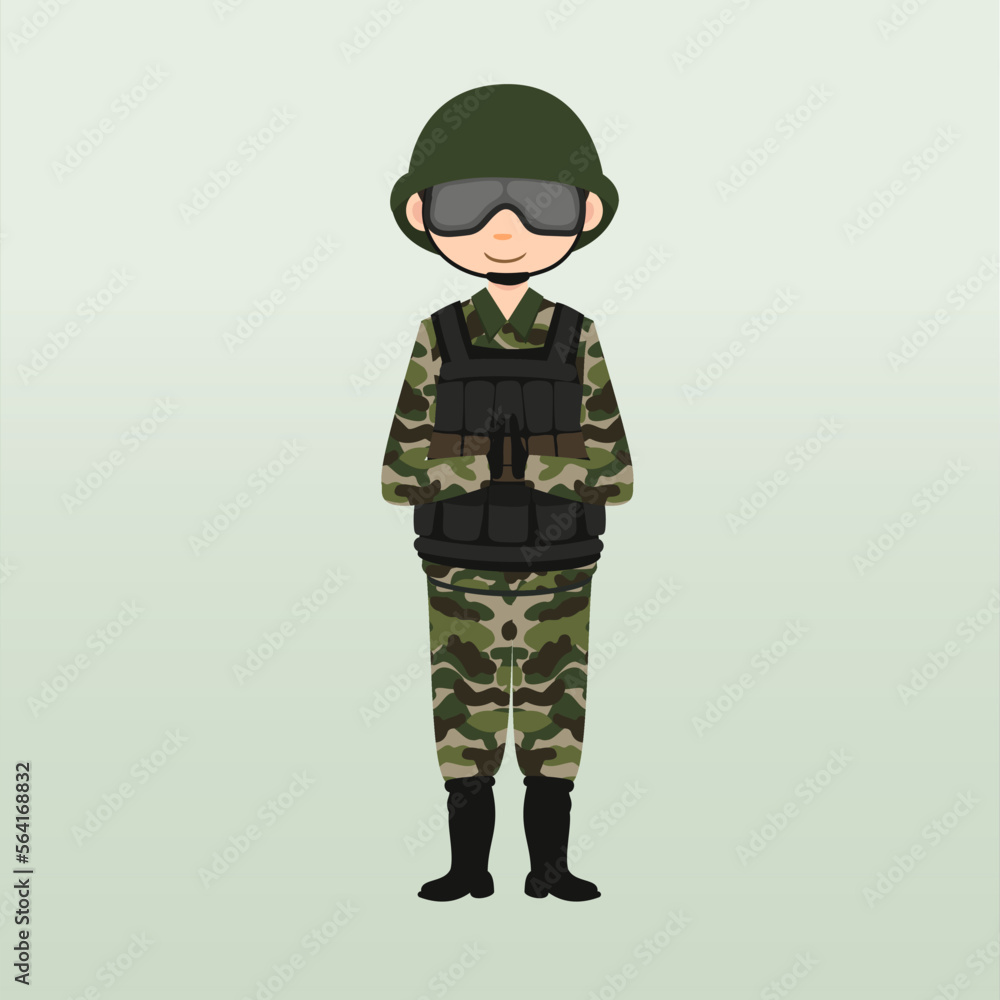 Army soldier, men , in camouflage combat uniform saluting. Cute flat cartoon style. Army or soldier character vector. Soldier keeps watch on guard. Rangers on border. Army soldier, men , in camouflage combat uniform saluting. Cute flat cartoon style. Army or soldier character vector. Soldier keeps watch on guard. Rangers on border.