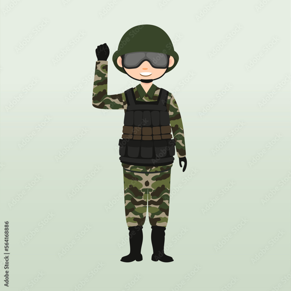 Army soldier, men , in camouflage combat uniform saluting. Cute flat cartoon style. Army or soldier character vector. Soldier keeps watch on guard. Rangers on border. Army soldier, men , in camouflage combat uniform saluting. Cute flat cartoon style. Army or soldier character vector. Soldier keeps watch on guard. Rangers on border.