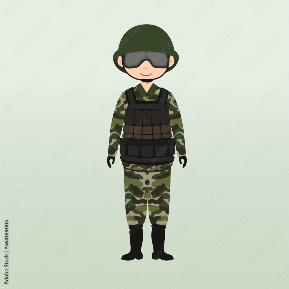 Army soldier, men , in camouflage combat uniform saluting. Cute flat cartoon style. Army or soldier character vector. Soldier keeps watch on guard. Rangers on border. Army soldier, men , in camouflage combat uniform saluting. Cute flat cartoon style. Army or soldier character vector. Soldier keeps watch on guard. Rangers on border.
