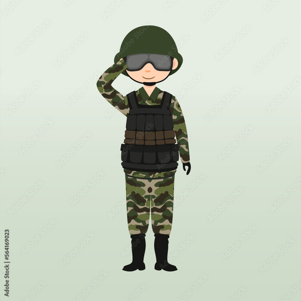 Army soldier, men , in camouflage combat uniform saluting. Cute flat cartoon style. Army or soldier character vector. Soldier keeps watch on guard. Rangers on border. Army soldier, men , in camouflage combat uniform saluting. Cute flat cartoon style. Army or soldier character vector. Soldier keeps watch on guard. Rangers on border.