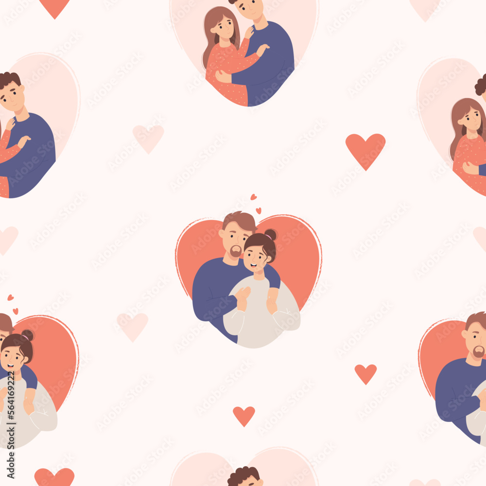 Seamless pattern with enamored couple. Happy in love people hugging on light pink background with heart. Vector illustration. Romantic endless background valentine, packaging, textiles, printing. Seamless pattern with enamored couple. Happy in love people hugging on light pink background with heart. Vector illustration. Romantic endless background valentine, packaging, textiles, printing.