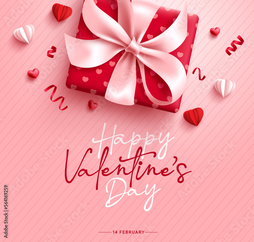 Happy valentine's day vector design background. Valentine's day text with gift box surprise element hearts day celebration. Vector illustration romantic greeting card banner.