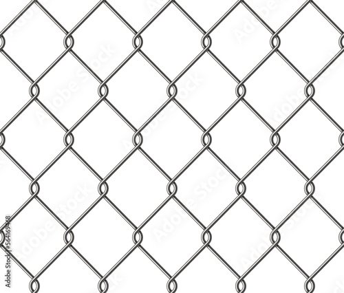 Realistic metal wire chain link fence seamless pattern. Steel lattice with rhombus, diamond shape. Grid fence background. Prison wire mesh seamless texture. Vector illustration on white background.