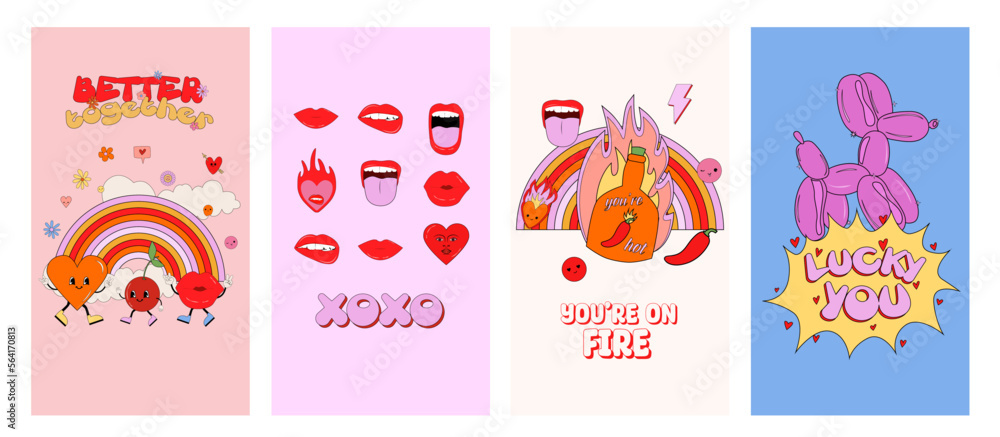 Retro nostalgic social media template. Romantic background. Love you card in 70s, 80s, 90s style. Editable vector illustration.