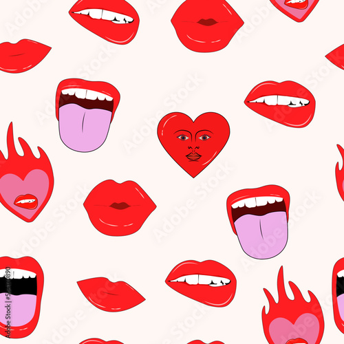 Retro nostalgic seamless pattern with lips and hearts. Editable vector illustration