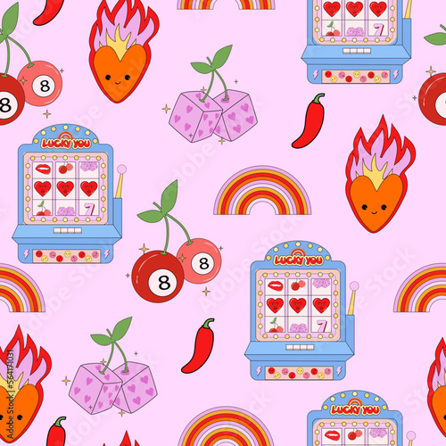 Retro nostalgic seamless pattern with slot machine, cherry, heart on fire, dice, pepper, rainbow. Lucky you texture. Editable vector illustration.