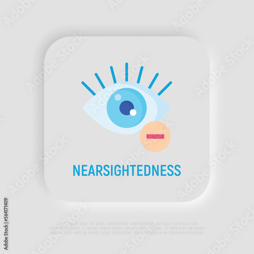 Ophthalmology flat icon  nearsightedness. Human eye with minus sign. Modern vector illustration.