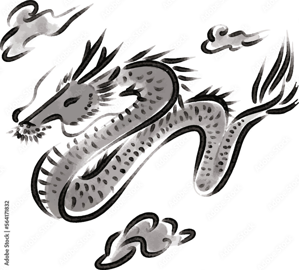 Obraz premium 2024 干支 辰年 辰 龍 たつ 竜 手描き 墨絵 水墨画 年賀状素材 イラスト素材