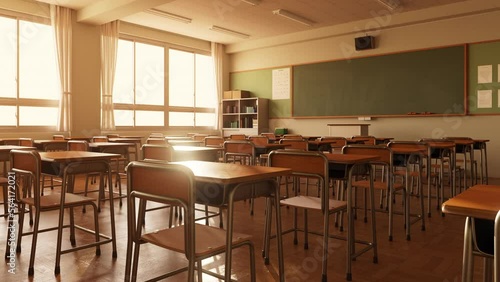 夕日が差し込む放課後の無人の教室 / 垂直上昇 / スクールライフ・学園ロケーション・青春とノスタルジーのモーションイメージ / 3Dレンダリング