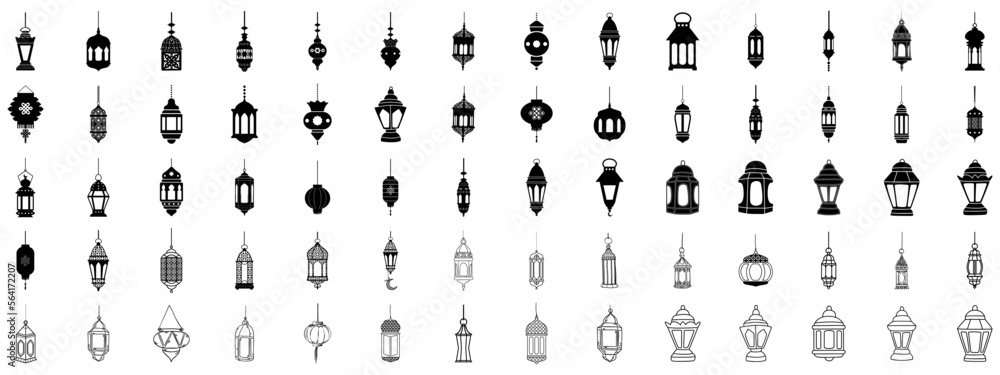 Islamic lantern element set for ramadan in silhouettes. Arabic antique hanging oil Lamp lights isolated vector. - obrazy, fototapety, plakaty 