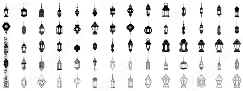 Islamic lantern element set for ramadan in silhouettes. Arabic antique hanging oil Lamp lights isolated vector. photo