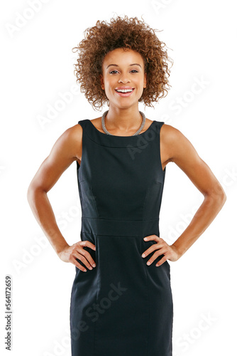 Happy, leader and portrait of business black woman with afro in elegant, corporate and professional fashion of people. Feminine worker style of confident person at isolated studio white background.