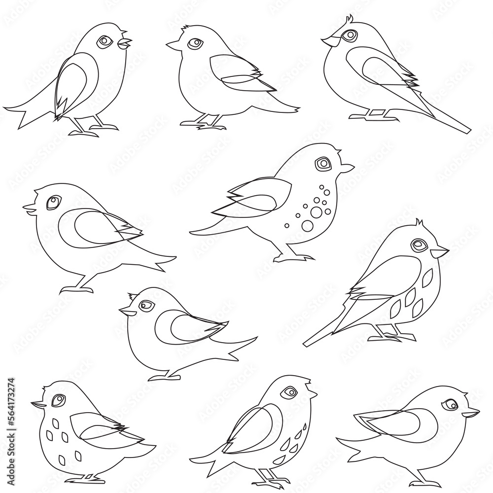 Fototapeta premium vector set of bird line art in flat style various styles and shapes perched on a branch, bird vector flat isolated on white background
