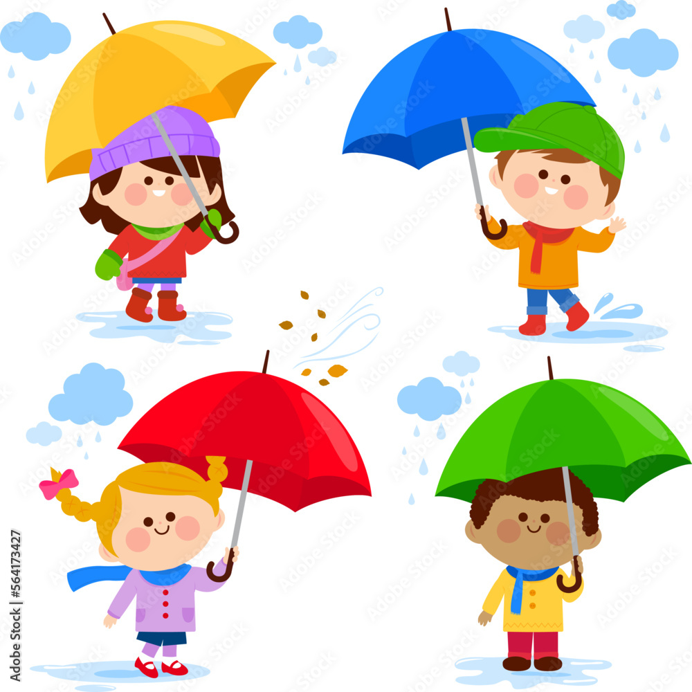 Children under umbrellas in the rain. Vector illustration. Children under umbrellas in the rain. Vector illustration.