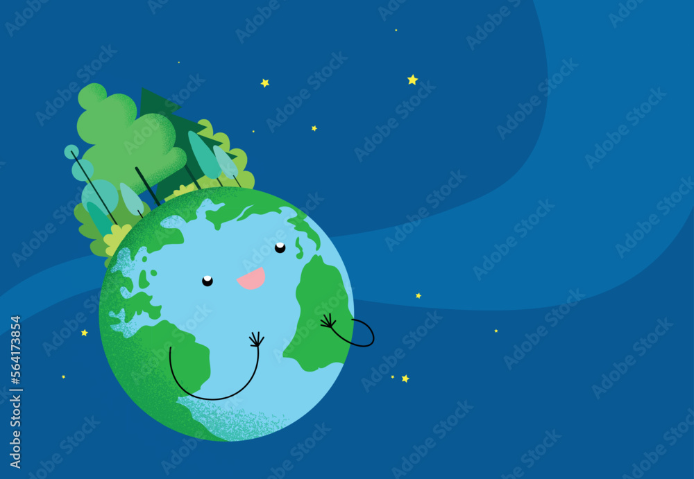 Happy Earth Day or World Environment Day celebration vector illustration. Concept of ecology, protection of nature and environment. Smiling globe with trees viewed from space in a starry sky. Happy Earth Day or World Environment Day celebration vector illustration. Concept of ecology, protection of nature and environment. Smiling globe with trees viewed from space in a starry sky.