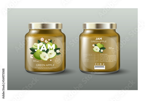 Label of apple Jam. Packaging design. Illustration with Grain and Noise texture. Mock up of Glass Jar with Label.