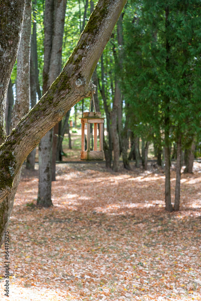 A wooden bird feeder suspended from a branch. A wooden bird feeder suspended from a branch.