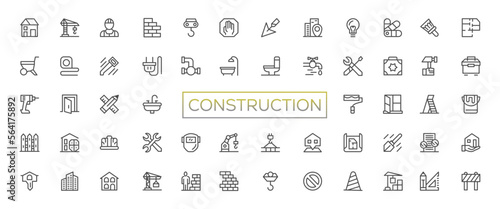 Building and Construction Icon Pack – Professional Industry, Tools, Engineering, Safety, Worker, Blueprint – Vector, Minimal, Outline, Line, Illustration