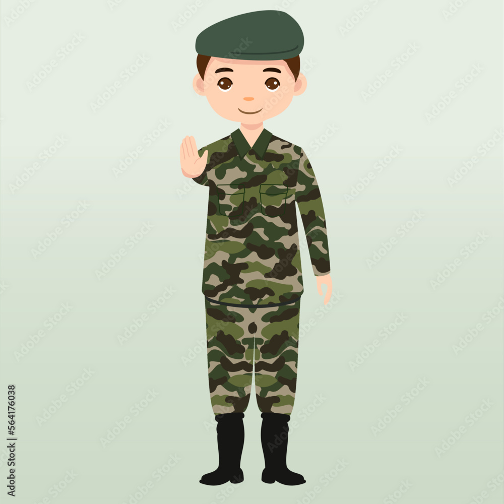 Obraz premium Army soldiers, men in combat uniform saluting. Cute flat cartoon style. Soldier keeps watch on guard. Rangers on border. Commandos team unit. Special force crew. Army or soldier character vector. 