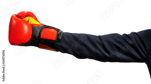 Businessman hand wearing boxing glove on white background, Hand wearing boxing glove on black Background PNG File. © MERCURY studio
