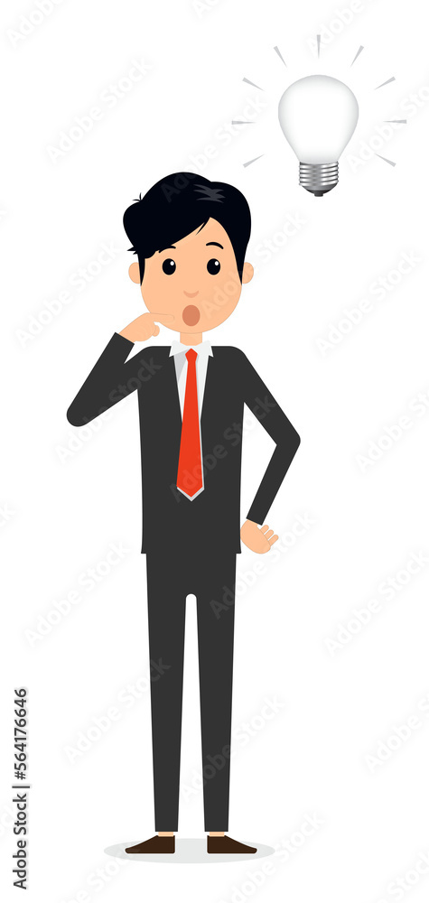 Business man thinking with idea in think. Business man and bulb in bubble think. Business man thinking with idea in think. Business man and bulb in bubble think.