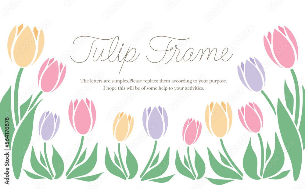 コピースペースのあるシンプルな可愛い春のお花のチューリップフレームのベクター素材_ピンク黄色紫_透過PNG_横長