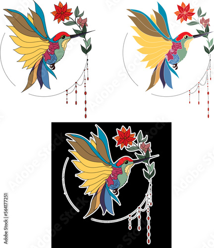 Beautiful line art Humming bird vector.Hummingbird in circle.