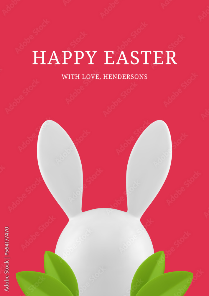 Fototapeta premium Happy Easter rabbit bauble long ears foliage 3d greeting card design template realistic vector