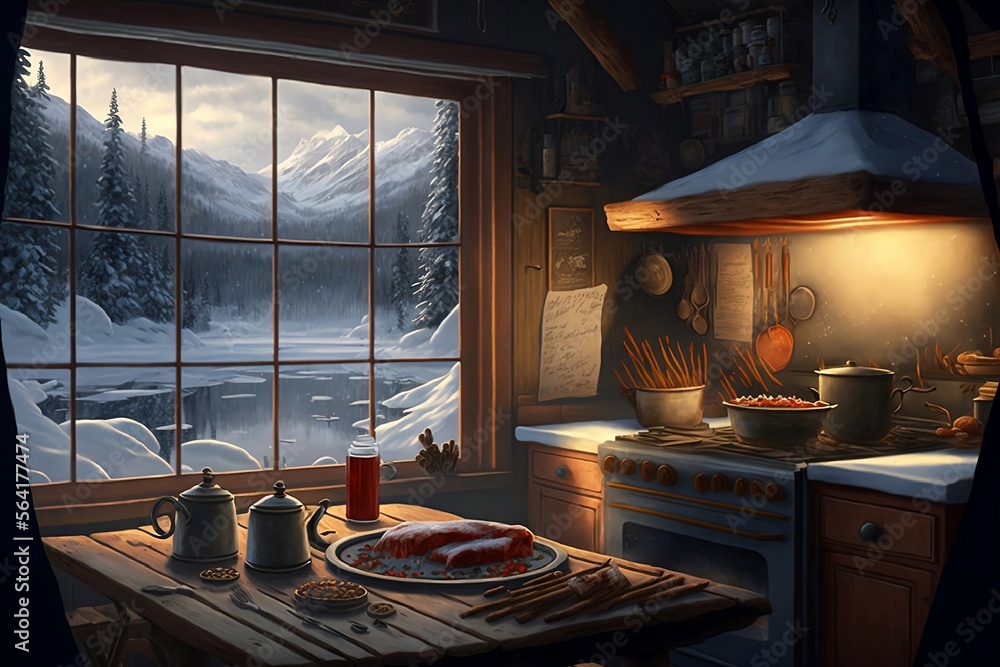 Kitchen interior dinning area with food on the table during winter. Generative AI