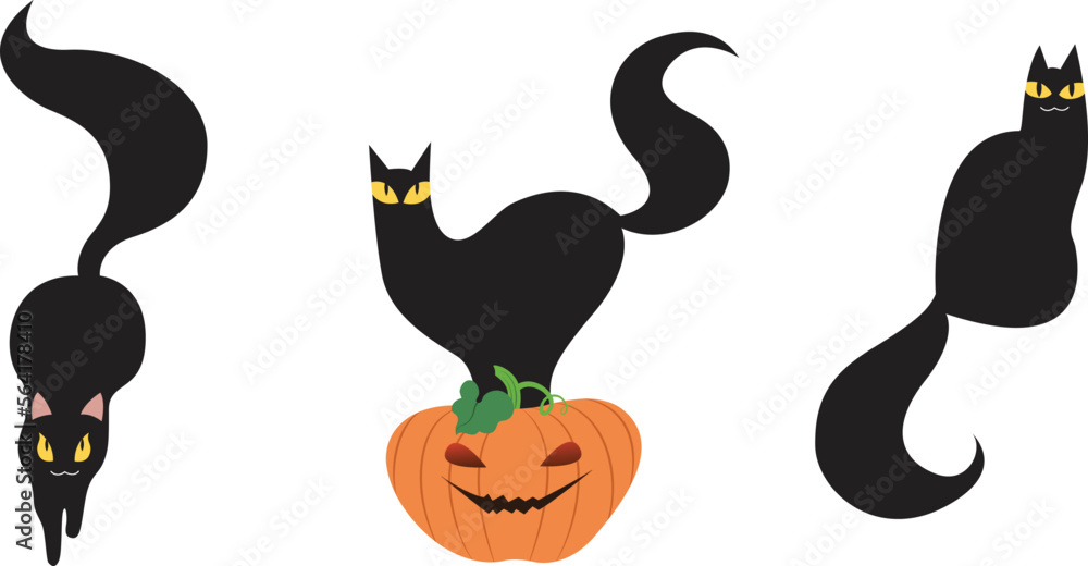 Set of three halloween black cats vector Spooky witch cat with evil eyes. Set of three halloween black cats vector Spooky witch cat with evil eyes.
