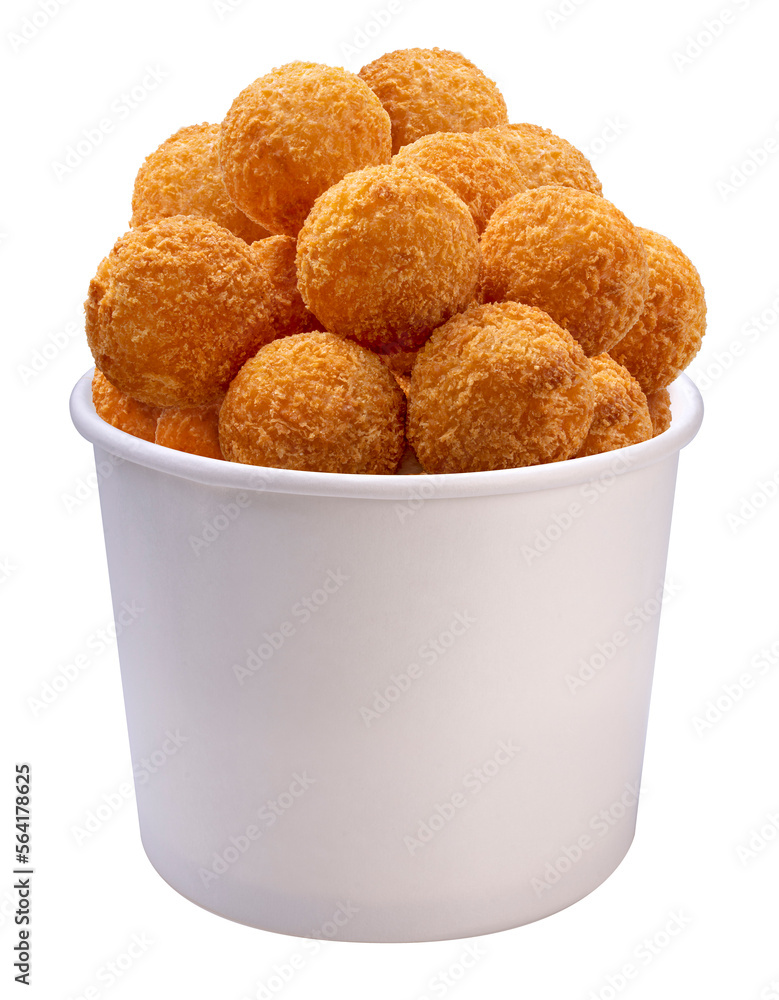 Crispy Cheese ball flying out of white paper bucket isolated on white background, Cheese ball or cheesy puffs in paper bucket on white PNG file. Crispy Cheese ball flying out of white paper bucket isolated on white background, Cheese ball or cheesy puffs in paper bucket on white PNG file.
