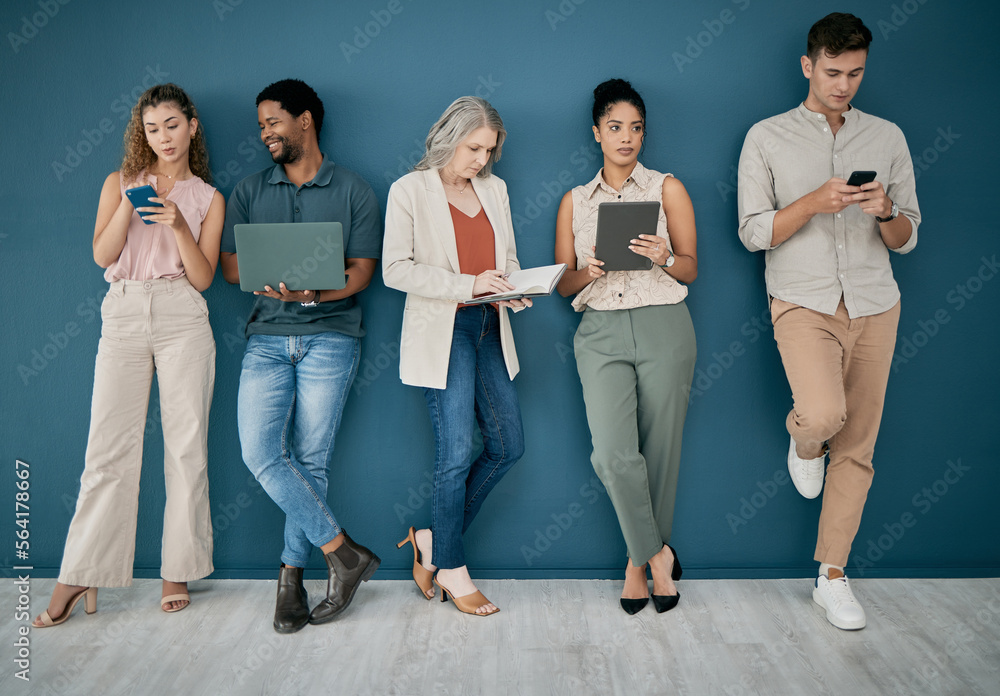 Fototapeta premium Hiring, hr and people in a waiting room for job interview at office. Onboarding, human resources and group of business men and women with book and technology, wait or standing in line for recruitment
