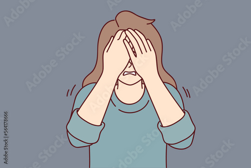 Depressed woman covers eyes with hands when she cries or sees something scary. Nervous girl experiencing stress and depression after breaking up with boyfriend or problems at work. Flat vector design 