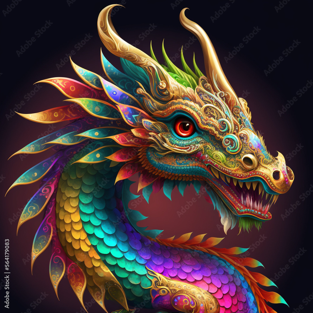 Colorful, cute, magic fantasy chineese dragon illustration