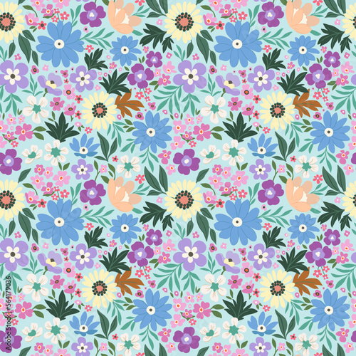 Floral pattern of blue, light yellow and purple flowers on a light turquoise background in cool tones. Rustic chic.