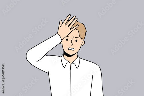 Unhappy young man make hand gesture remembering or forgetting something. Distressed male frustrated with idea or thought. Vector illustration. 