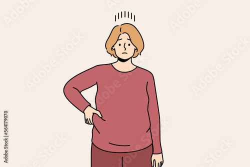 Unhappy young woman touch fat on belly distressed with excessive weight. Upset overweight female distressed with obesity show extra kilos. Vector illustration. 