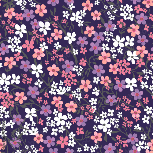 Pattern of white, pink, dark purple flowers on a purple background. Cute floral aesthetic composition for wallpaper, print, poster, postcard, phone cases, banner, fabric, textiles.