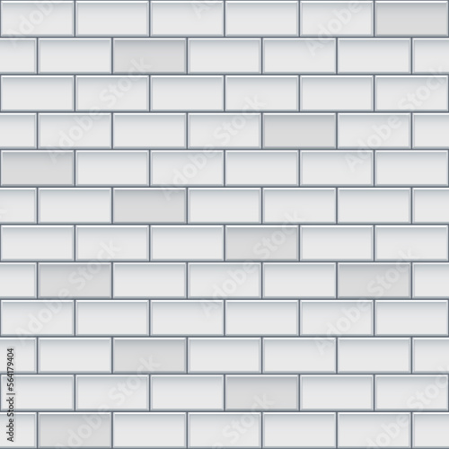 White glossy brick wall with ceramic rectangle tiles seamless pattern. Home interior, bathroom and kitchen wall repeat texture. Vector elegant light shiny brickwall background