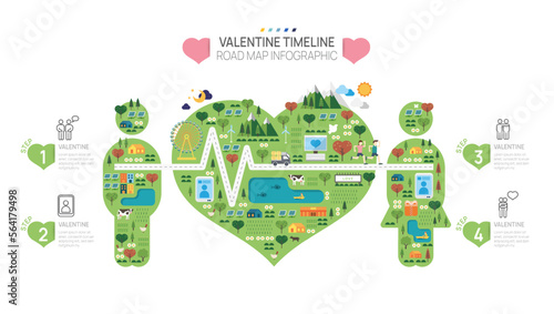 Valentine road map timeline infographic template. Love, heart, element timeline diagram, Can be used for vector infographics, digital marketing data presentations.