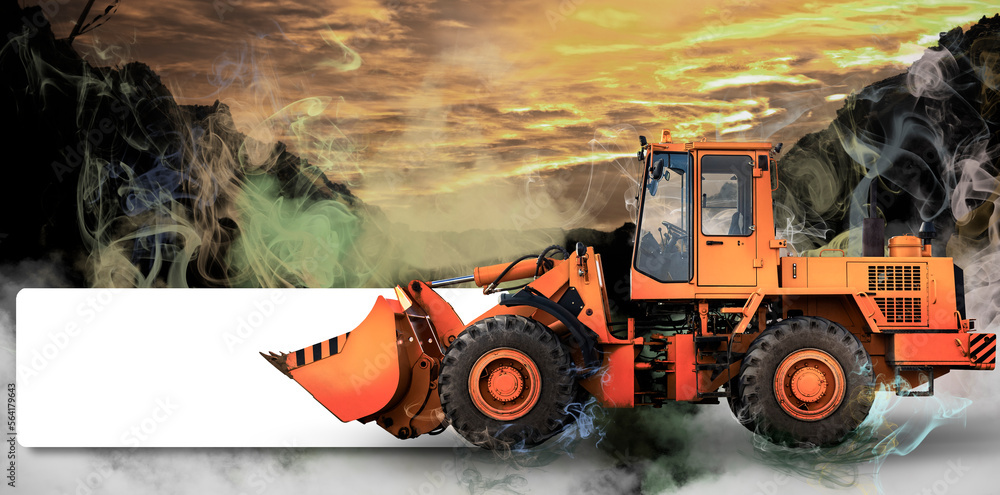 Bulldozer or loader at a construction site working in smoke or fog. Powerful wheel loader or bulldozer with a large bucket. Complicated building work. Construction equipment for earthworks. Bulldozer or loader at a construction site working in smoke or fog. Powerful wheel loader or bulldozer with a large bucket. Complicated building work. Construction equipment for earthworks.